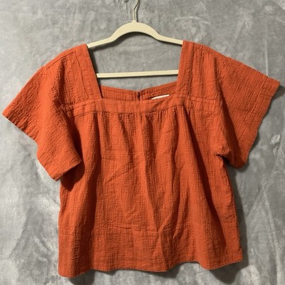 Madewell Women s Large Orange Flutter Short Sleeve Shirt Square Seersucker Woven