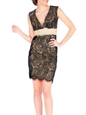 Mac Duggal Neimann Marcus Elegant Black Gold Beige Lace Vneck Dress Size 4 goth