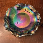 Vintage Blue Carnival Glass Bowl 10” Iridescent Diamond Point Ruffled Edge