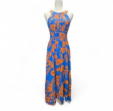 Anthropologie Abel the Label Charlie Blue Orange High Neck Backless Maxi Dress S