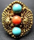 Coral & Turquoise Silver Chinese Export Vintage Ring Size 7.5