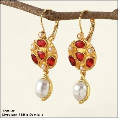 Boucles d'Oreille PERLES & GRENATS SIMULÉS BIJOUX NEUFS LIVRÉS 48H A DOMICILE - Photo 1/4