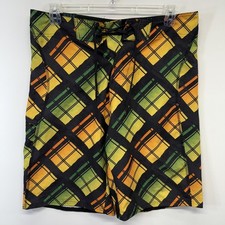 Burnside Board Shorts Mens 34 Yellow Green Plaid Surf Swim Trunks Wax Comb Beach