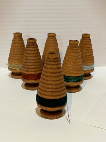 Spools (6) Small Industrial Quills Textile Bobbin Vintage Wood Christmas Trees