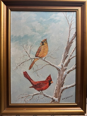 #ad K M Skaggs Northern Cardinals Oil Painting Winter Scene Signed Gold Frame Canvas $74.50
