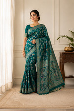 Luxury Teal Georgette Silk Saree with Intricate Floral Zari Weaving