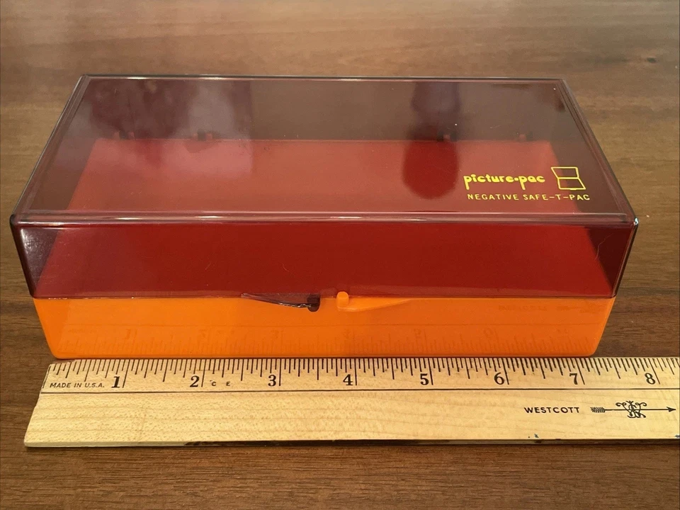 Almacenamiento negativo vintage Picture-pac Safe-t-pac plástico naranja Foto 3 de 4