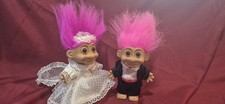 Vintage Troll Dolls 4  Inch Russ Bride and Groom Wedding Pink  Purple Hair EUC