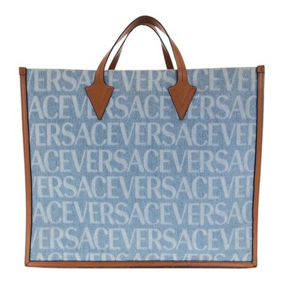 VERSACE All over Denim 1008913 Tote Bag handbag Blue brown canvas