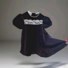 Christmas Dark Purple Velvet, Lace  Cream Roses Dress Toddler   Vintage