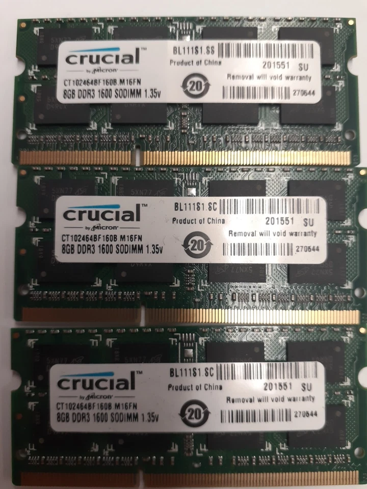 3x 8GB PC3L-12800s DDR3-1600MHz Crucial CT102464BF160B.C16FPD - Image 2 of 3