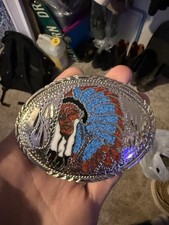 Silver toned Belt Buckle Native American Chief