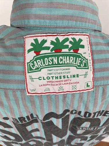 VTG Carlos ‘N Charlie’s Senõr Frogs Button Down Logo Striped Beach Shirt Mens L - Picture 2 of 7
