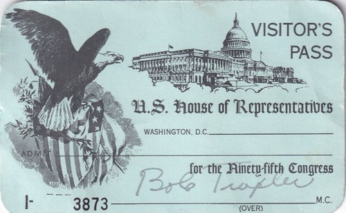 Bob Traxler U. S. House Of Representatives from Michigan Member Visitor's Pass - 第 1/2 張圖片