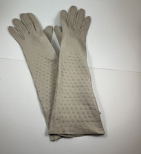 Vintage Women's Gloves 14" Tan/Cream/Ecru Soft Leather Beaded Size 6-1/2 France
