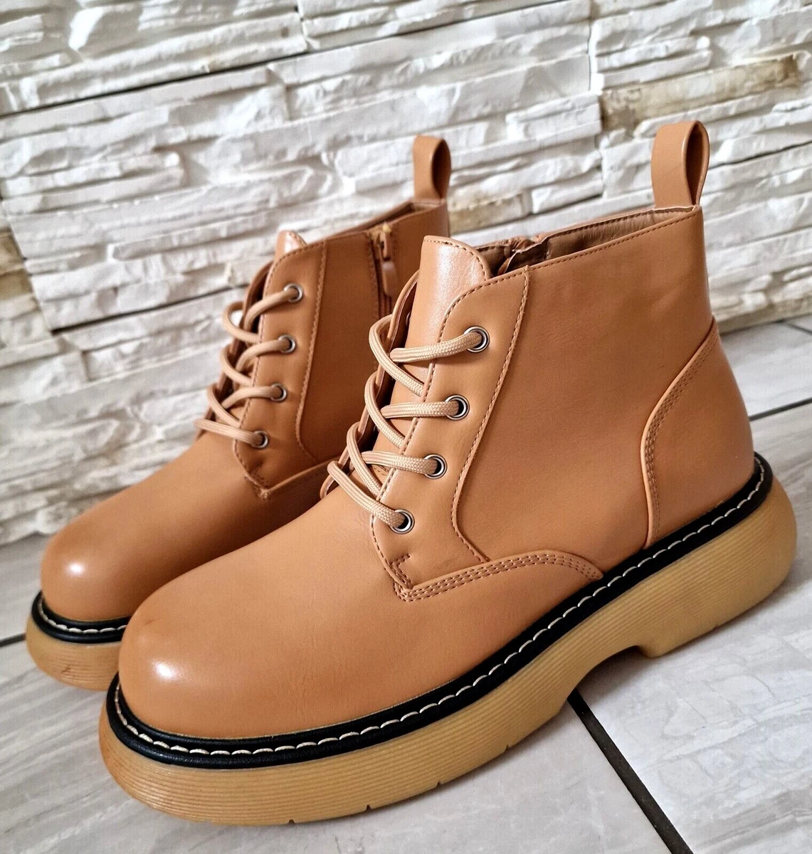 Womens Camel Faux Leather Lace Up Zip Ankle Boots with Chunky Sole Shoes Boots