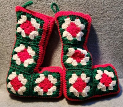 Two Hand Crochet Stocking Granny Squares Green, Red,White, Christmas 