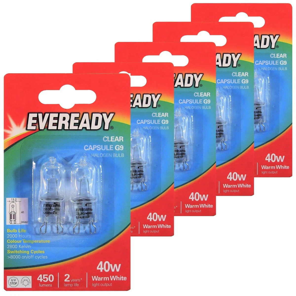 10 x Eveready G9 40W Halogen Bulb 450 Lumens 220V Clear Capsule Lamp DIMMABLE