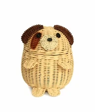 Dog Rattan Storage Basket Decor Hand Woven Shelf Organizer Gift Wicker Puppy Art