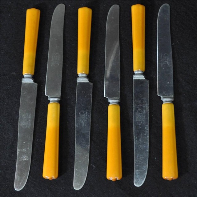 6 Vintage Butterscotch Bakelite Stainless Steel Butter Knives Flatware