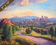 Denver with Red Rocks Amphitheatre oil painting 8x10 Print
