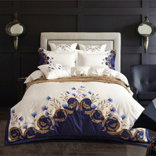 Blue Embroidered Bedding set Egyptian Cotton Soft Bed set Duvet Cover 4/6Pcs