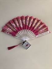 Elegant Folding Fan with Tassel Pink Fabric Floral Pattern New w/ tags