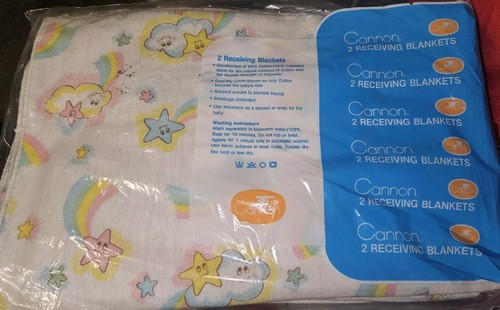 VTG Cannon Mills 2 Pk Receiving Baby Blankets 30”x30” Stars Rainbows Clouds NIP - Picture 4 of 5
