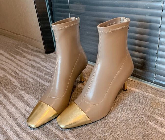 Botas de tornozelo elásticas femininas moda biqueira quadrada cor combinando gatinho salto médio - Imagem 4 de 4