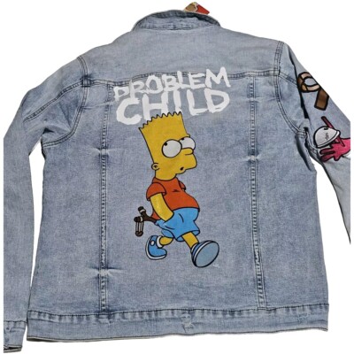 New RARE The Simpson Bart Problem Child Jeans Jacket Vintage Look Size LARGE