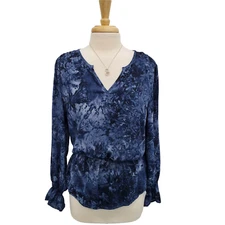 Counterparts Womens Blue Marbled Elastic Waist Blouse Top Size XL Split Neck