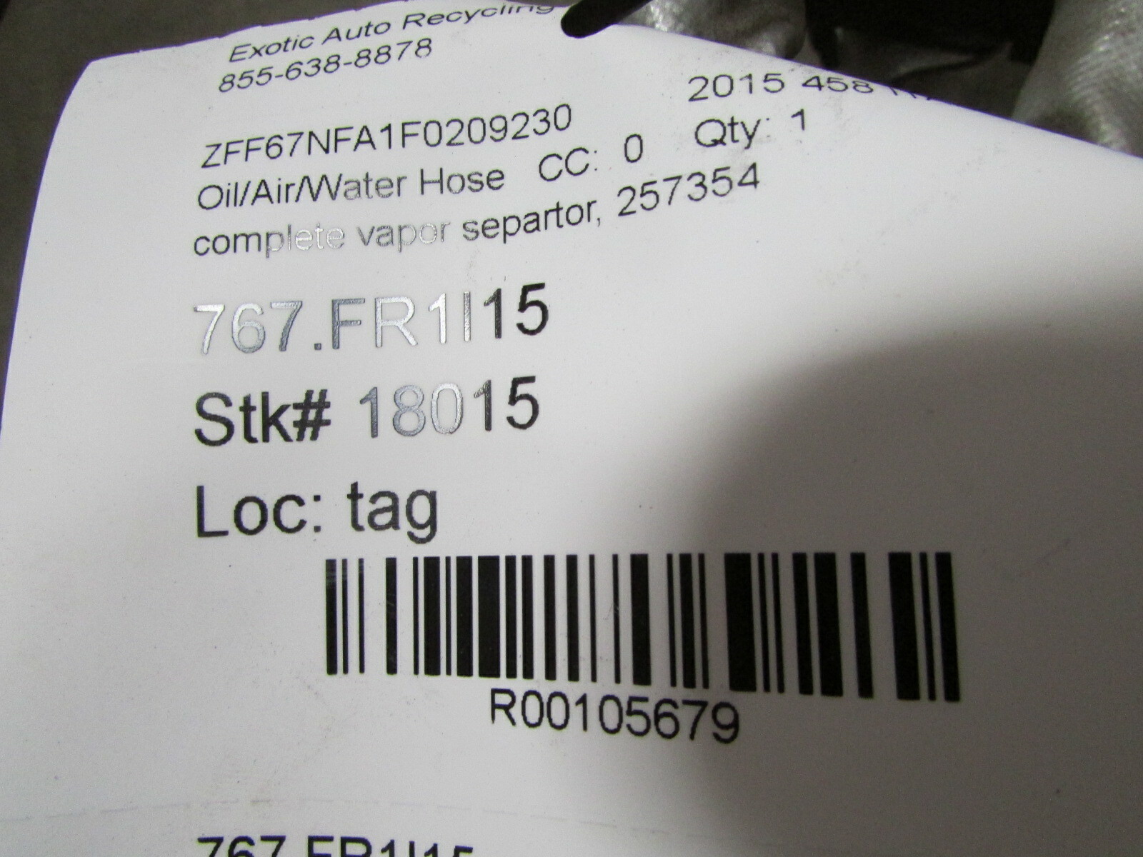 Ferrari 458 Italia, Complete Vapor Separator Hose, Used, P/N 257354