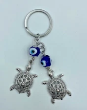 Sea Turtle Keychain Silver Alloy with Blue Eyes and Charm Good Luck New
