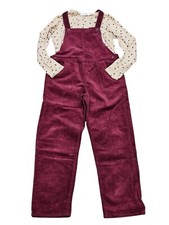 H M Girls Winter Burgundy Corduroy Adjustable Overalls Pants Floral Top Set 9 10