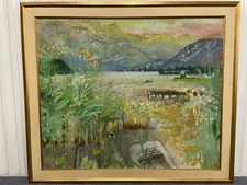 Jacques Petit (France, 1925-) “ Lac D’Annecy” Oil on Canvas Signed LR Large!
