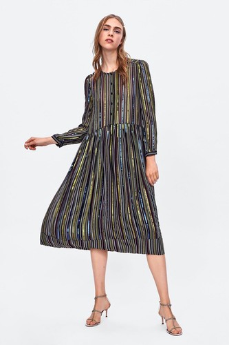 🌈 ZARA Sheer Rainbow Striped Sequin Midi Dress - Size M - Picture 5 of 15