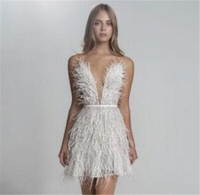 Womens Sexy Summer Feather Low V Neck Ostrich Dance Solid Color Mini Dress Party