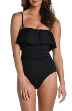 La Blanca Ruffle Bandeau Lace Up Shelf Bra One Piece Swimsuit Black 12