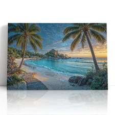 Tropical Beach Sunset Canvas Print Wall Art – Palm Tree Ocean Cove Wall Decor