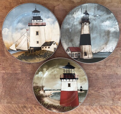 Set Of 3 By The Sea David Carter Brown Lighthouse Sailing Salad Side Plates 8''