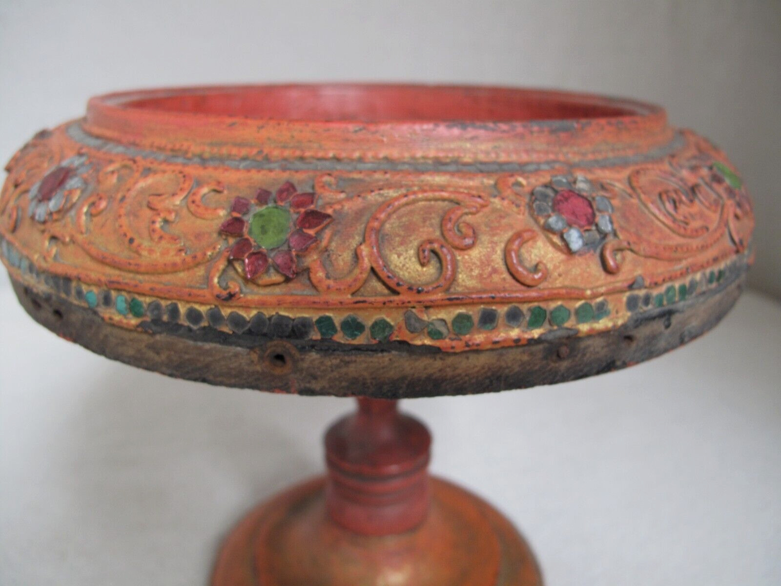 Antique Burmese Offering Vessel Base / Compote, Painted, small Glass Jewels 19c.