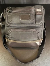 Tumi Alpha Bravo Barstow Crossbody Bag - Black Ballistic Nylon & Brown Leather 