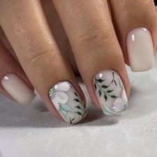 24 Pcs Short Square Flower nails Press on Nails Pure White False Nails Style 26