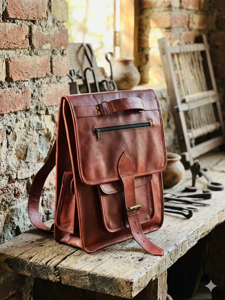 Goat Leather Backpack Bag Laptop Rucksack Vintage Brown Men's Genuine Travel