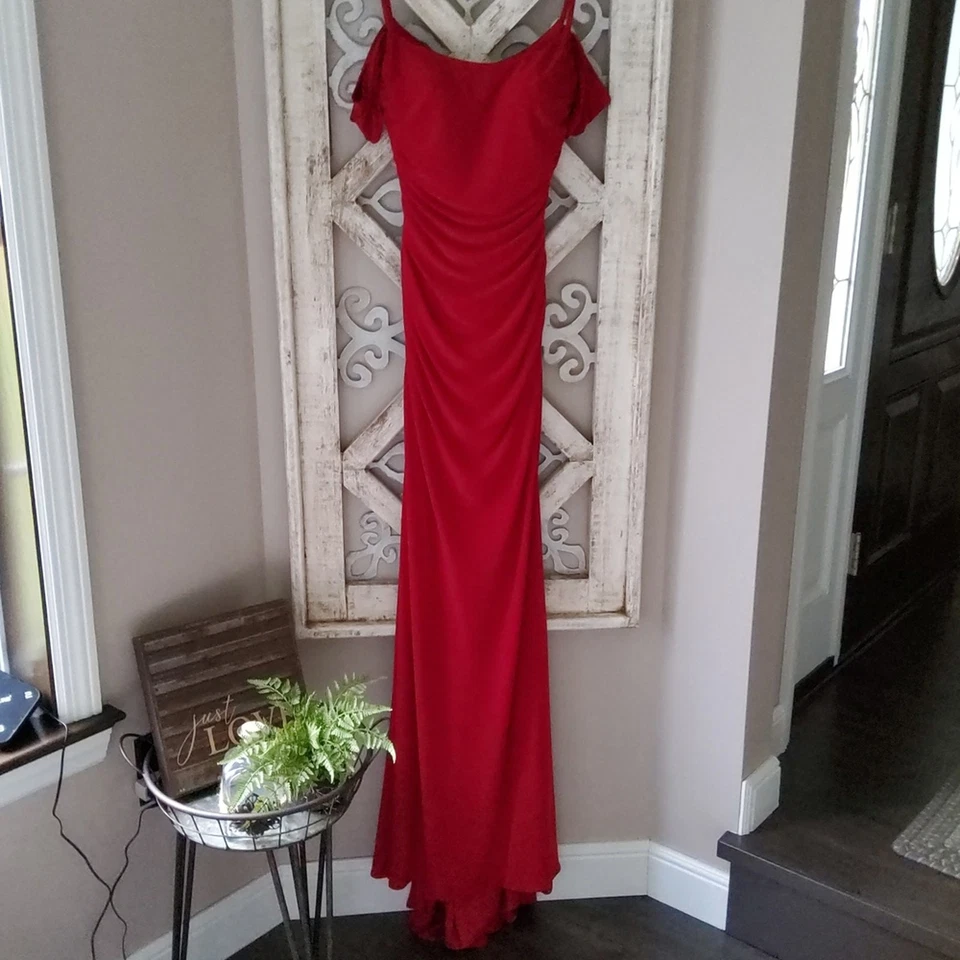 La Femme Scoop Neck Ruche Ornate Cutout Long Dress Spaghetti Strap in Red - Image 2 of 4