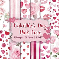 Valentine's Day Gift Pink Love Scrapbook Paper Craft Pad 12 Hearts Decor Set