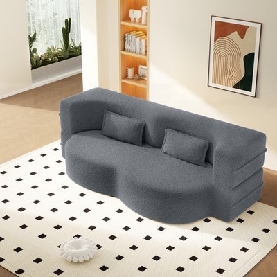 Dark Grey Folding Sofa Bed Twin Size Floor Couch Teddy Fabric w/2 Pillows