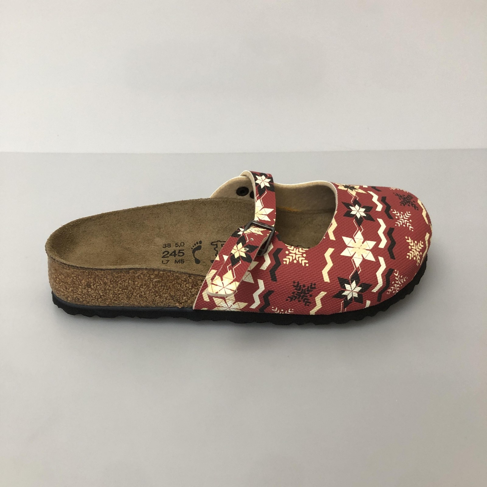 Birki's Shoes Womens Size 7 Red Fair Isle Mary Jane Clogs Slip On Comfort Logo