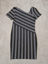 Karen Millen Striped Bodycon Midi Dress Asymmetric Brown Black White Size UK 12