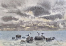 Original Painting Landscape Artworks Modern BERDS CLOUDY SKY SEA Art Seascape A5